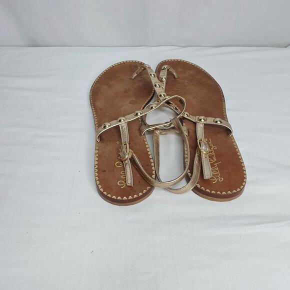 Lilly Pulitzer Gold Leather Studded Open Toe Summer Thong Strappy Sandals Size 9 - Picture 5 of 10